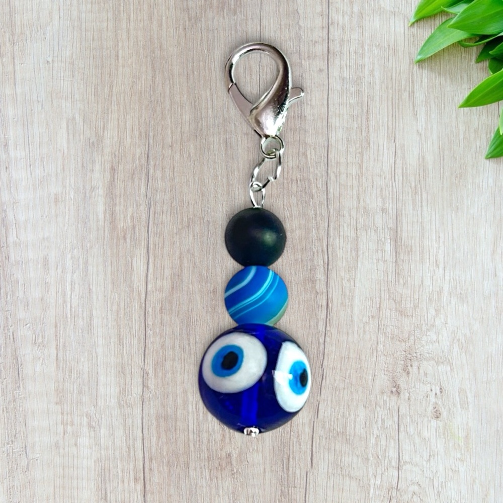 Hand Crafted Purse Pet Charm Onyx Blue Agate  Glass Ball Evil Eye Matte - Picture 4 of 7